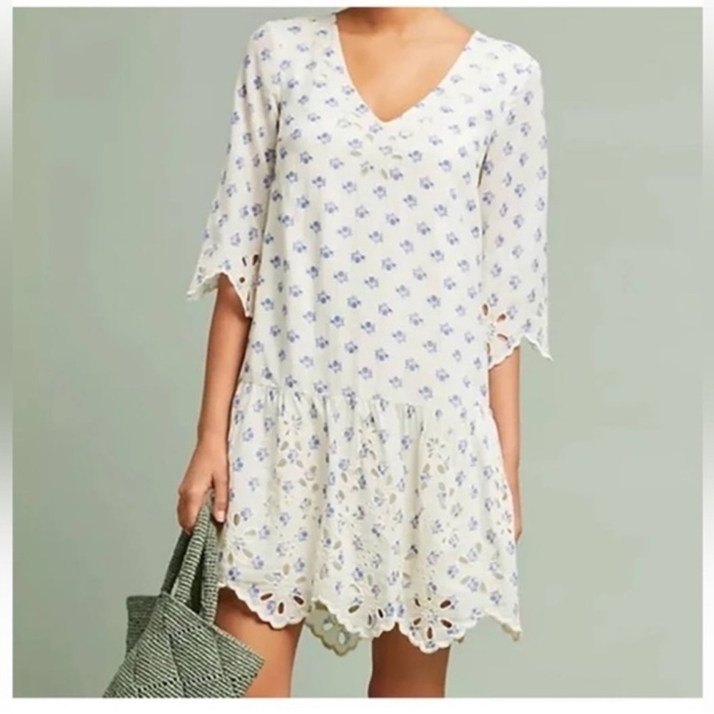 Anthropologie White and Blue Floral Dress